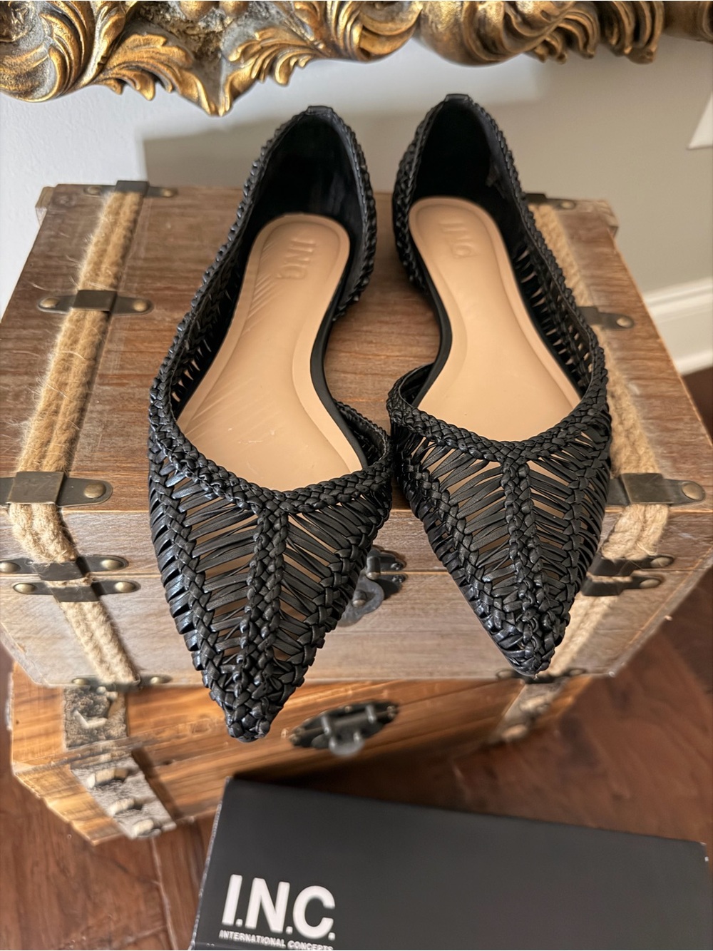 INC International Concepts Black Woven Pointed-Toe Flats